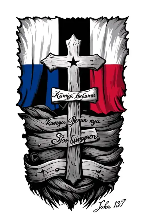  a Texas flag crosses and  add names in order  kamya, Benjamin, nya and Simpson and at the scripture John 13:7 tattoo design idea