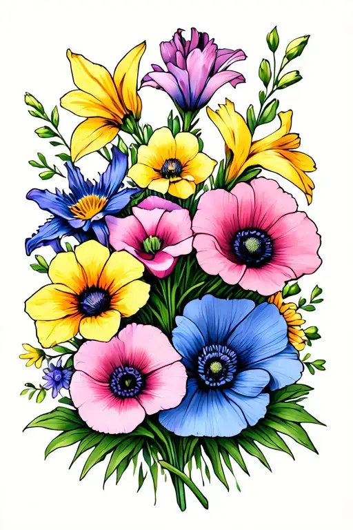 jonquil, daffodil, poppy, gladiolus, morning glory, and aster bouquet tattoo design idea