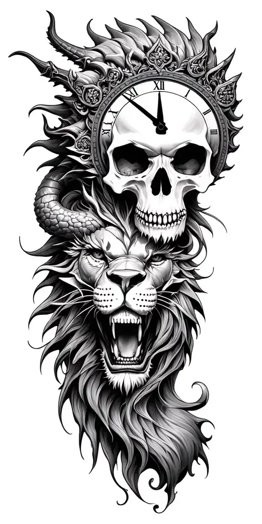 skull, dragon, lion, roman clock, headtone, willie g skull, day of the deam woman tattoo design idea