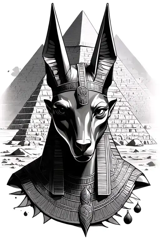 Egyptian god Anubis against the background of the pyramids tattoo design idea