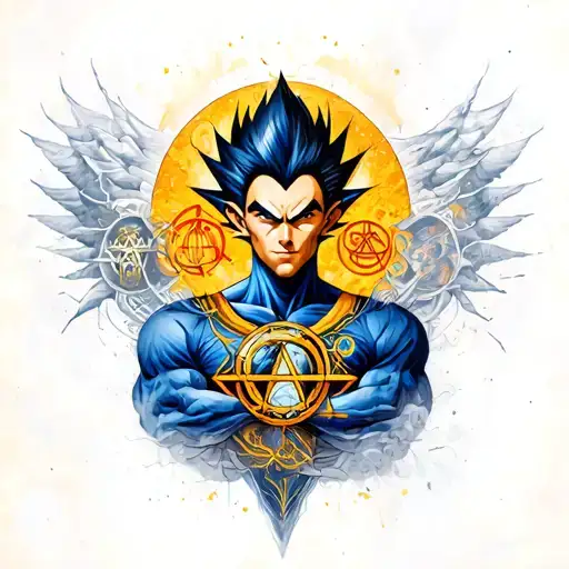 vegeta sleeve with occult symbols incorporated in the style of Salvador dali tattoo design idea
