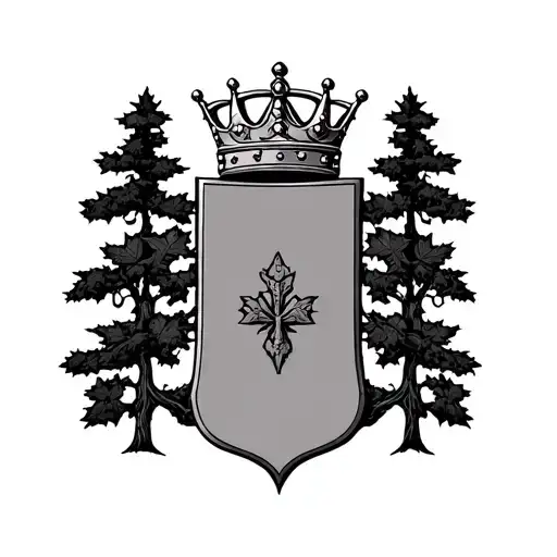 Irish Tobin family coat of arms with crown over it, and maple trees behind it tattoo design idea