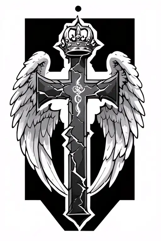 a curved concrete cracked cross that has angel wings and a trinity sign above the cross like a crown and is surrounded r tattoo design idea