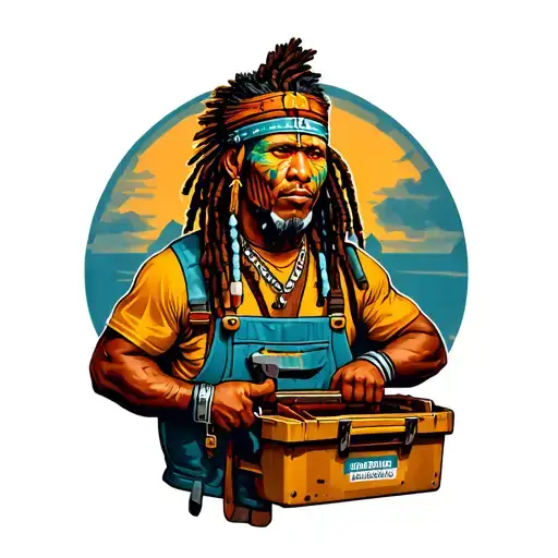 "Indigenous Plumbing " dreadlock painted face Native American plumber holding a toolbox tattoo design idea