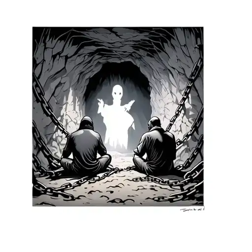 A surreal black and grey tattoo. At the bottom, chained figures sit in a dark cave watching shadows on the wall. One fig tattoo design idea