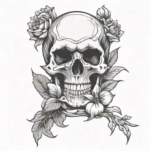 Skull squatting and looking at a flower tattoo design idea