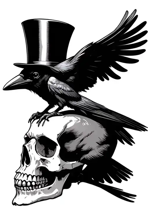 crow sitting on a skull with a top hat tattoo design idea