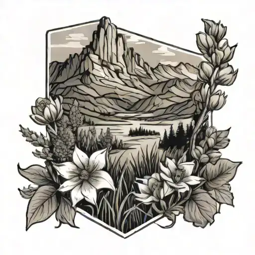 A scenic landscape of Idaho mountains with wildflowers blooming in the foreground tattoo design idea