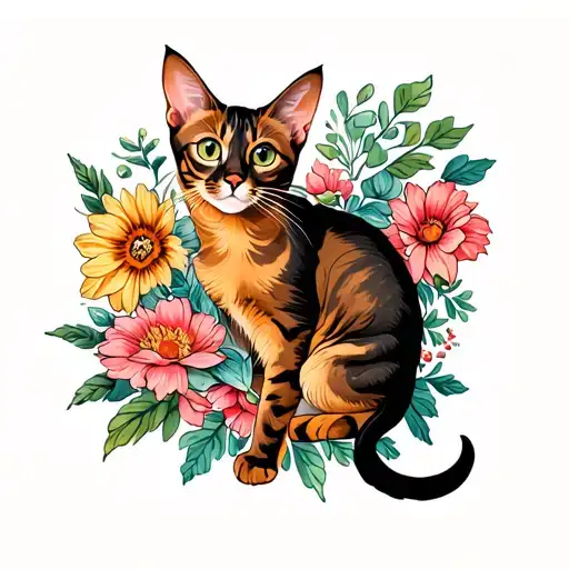 Abyssinian cat flowers surrounding tattoo design idea