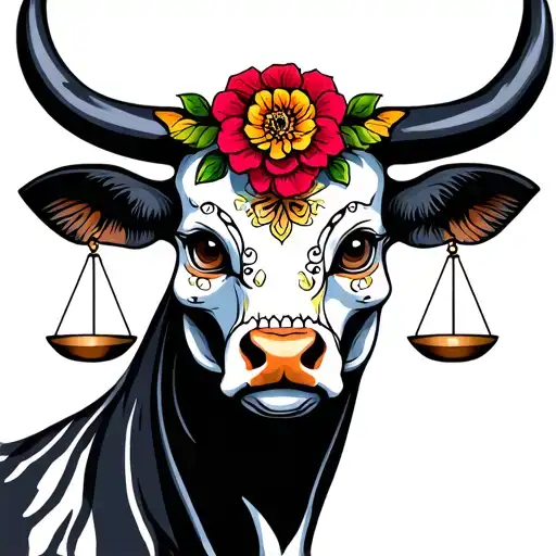 feminine bull with sugar skull markings, brown eyes and two Libra scales and dark background tattoo design idea
