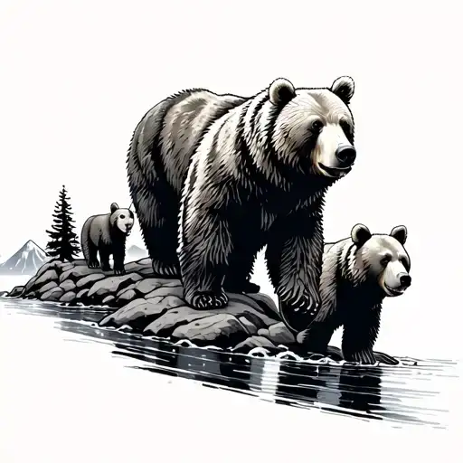 family of bears walking up stream splits the mountain tattoo design idea