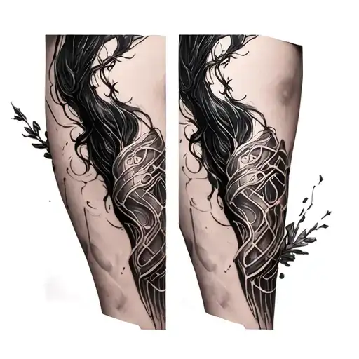 feminine vertical cyber sigilism lines on leg sleeve tattoo design idea