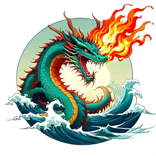 Dragon breathing fire over the ocean  tattoo design idea