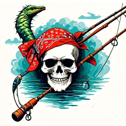 skull wearing a rolled red bandana with fishing poles catching a dream cacther tattoo design idea