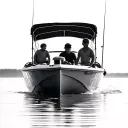 Photorealistic, cinematic photography of a father and son sitting in a large motorized fishing boat on a calm lake durin tattoo design idea