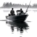 Photorealistic, cinematic photography of a father and son sitting in a large motorized fishing boat on a calm lake durin tattoo design idea
