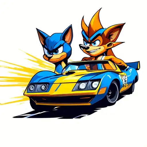 sly cooper and crash bandicoot racing car speeding tattoo design idea