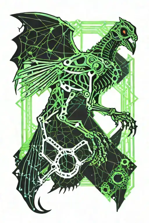 black dinosaur bird skeleton in black, inside a cobweb in a biomechanical style, green, blue and brown colour tattoo design idea