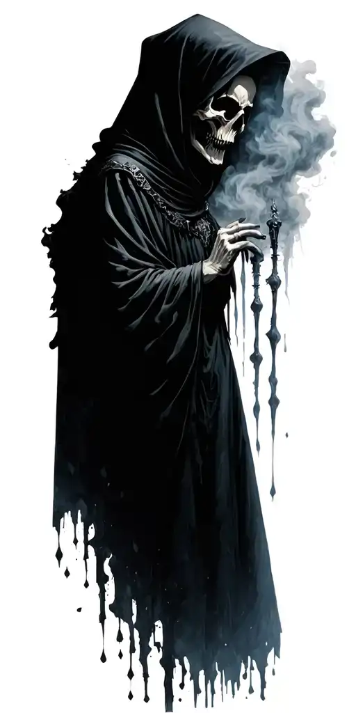 Hooded Reaper Silohuette, Smoke, shadow, ethereal, terrifying, dark, goth, grungy, evil tattoo design idea