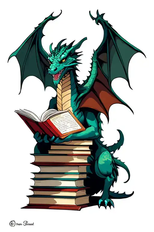 sophisticated drago next to a tower of books while reading tattoo design idea