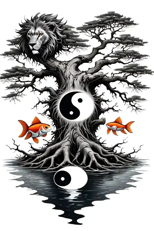 A detailed tree with strong roots and branches lions face in bark, yin yang fish swimming near roots, water in front tattoo design idea