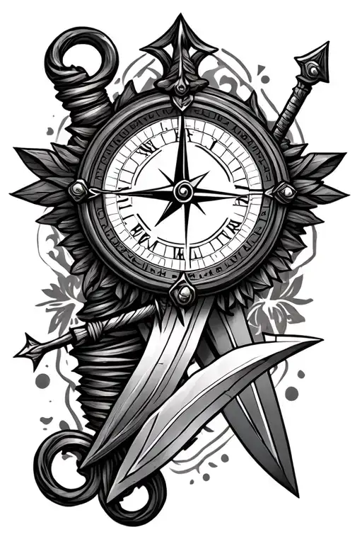 Greek compass clock with arrows pointing at 5:55 and dagger  tattoo design idea