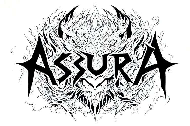 "ASURA" fancy text bold lines connecting different not much design around  tattoo design idea