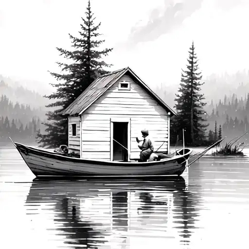 white cabin on the lake, small fishing boat floating, man sitting in the back, young boy standing in front fishing tattoo design idea