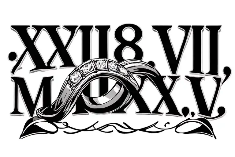 "XXVIII.VI.MMXXV" a male and female intertwined wedding rings  tattoo design idea