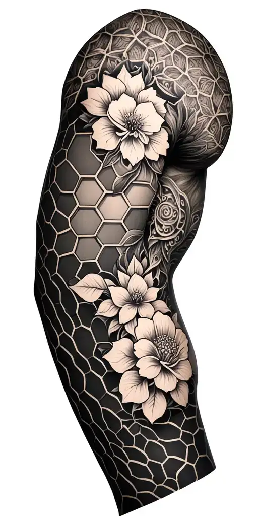 Full Left Sleeve with escher geometry, hexagonal honeycomb patterns (abstract), blossom mandala, elbow flower tattoo design idea