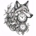 wolf with clock showing 11:40 tattoo design idea
