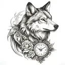 wolf with clock showing 11:40 tattoo design idea