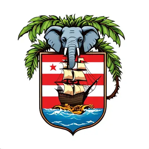 coat of arms, with an elephant's head, Puerto Rican frog, a family tree, pirate ship  tattoo design idea