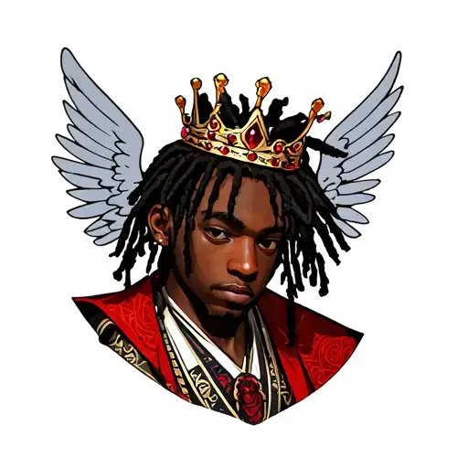 d black boy with dreads with a gold crown with red gems with angel wings tattoo design idea