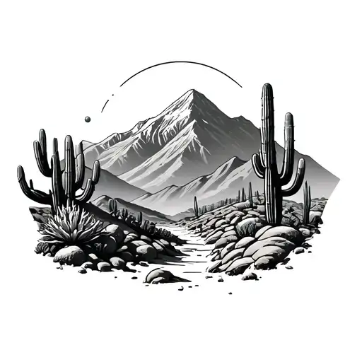 mountains, desert landscape filled with cacti tattoo design idea
