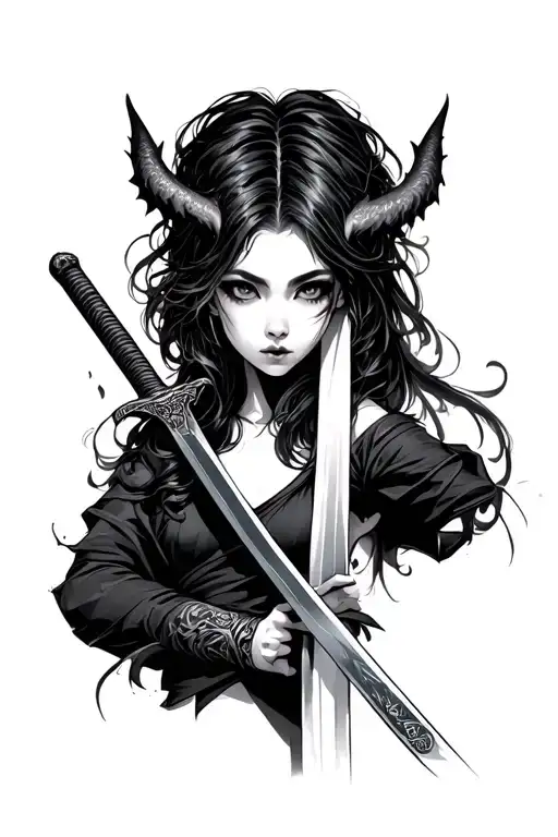 a demon girl with katana tattoo design idea