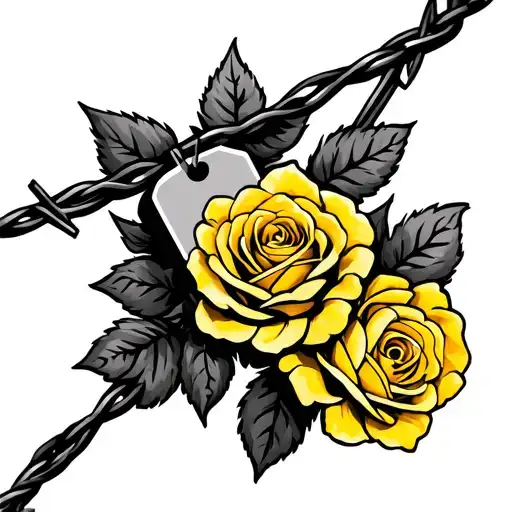 barbed wire with yellow roses and cow tag tattoo tattoo design idea