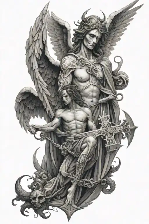 angel and demon with a cross forarm tatooo tattoo design idea