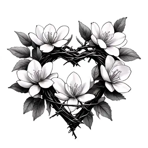 barbed wire heart surrounded by magnolias tattoo design idea