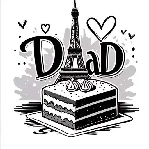 "dad" "dad" in lowercase, heart, eifell tower, slice of cake tattoo design idea