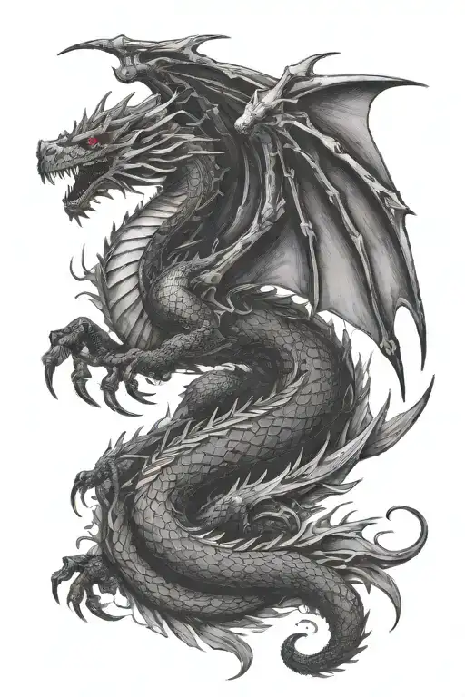 Black dragon with large outstretched wings flying  tattoo design idea