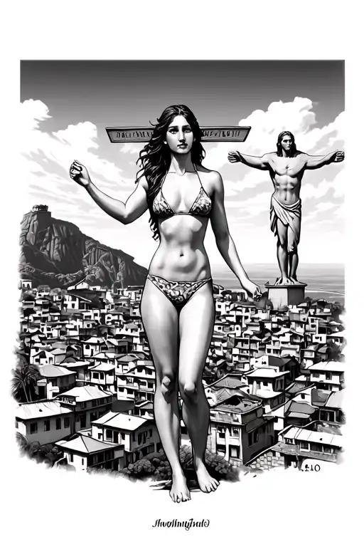 the favelas of Rio de Janeiro with a Brazilian girl in a bikini with Christ the redeemer at the bottom and Saint George  tattoo design idea