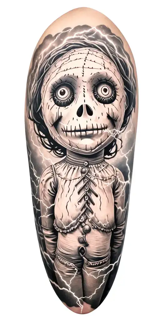 fabric voodoo doll and lightining storm and vegvisir and nature tattoo design idea