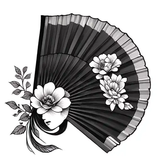 geisha, fan, flowers intertwined tattoo design idea