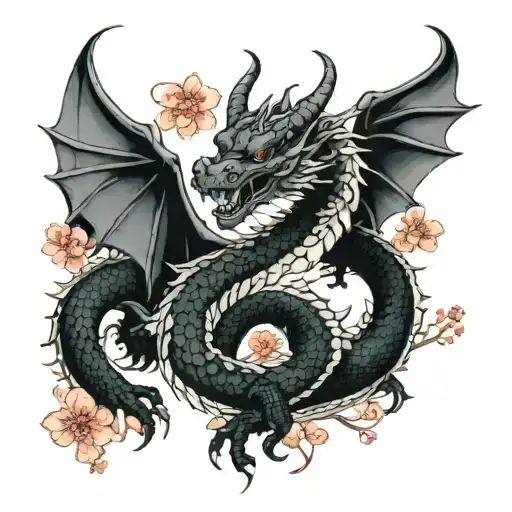  dragon design measruing in 3 inches wide, 7 inches loing to accomadate a forearm, has cherry blossoms tattoo design idea