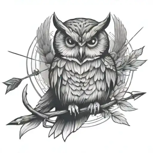 owl with bow and arrow tattoo design idea