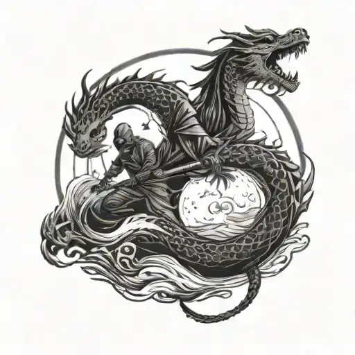 black japanese ninja with sword on a full moon with a black dragon holding a ying yang and on a an old ship tattoo design idea