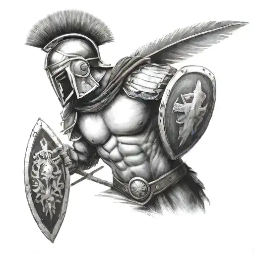 Black and white Spartan warrior bare chest standing ready for battle with shield and spear in hand  tattoo design idea