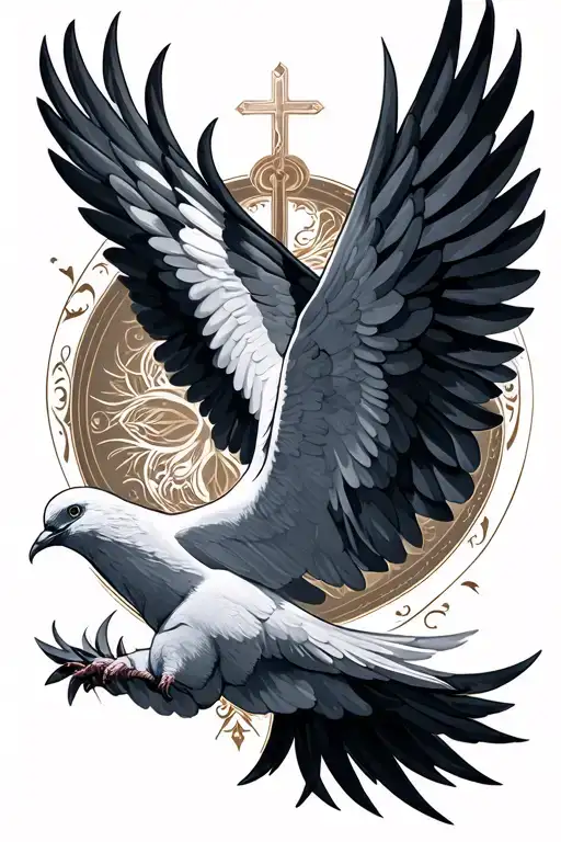 Realistic black and grey tattoo design, highly detailed shading, sacred and spiritual theme. At the top, majestic doves  tattoo design idea