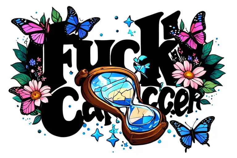 "FUCK cancer"  hourglass that has broken glass and is filled with stars has butterflies and flowers around it tattoo design idea